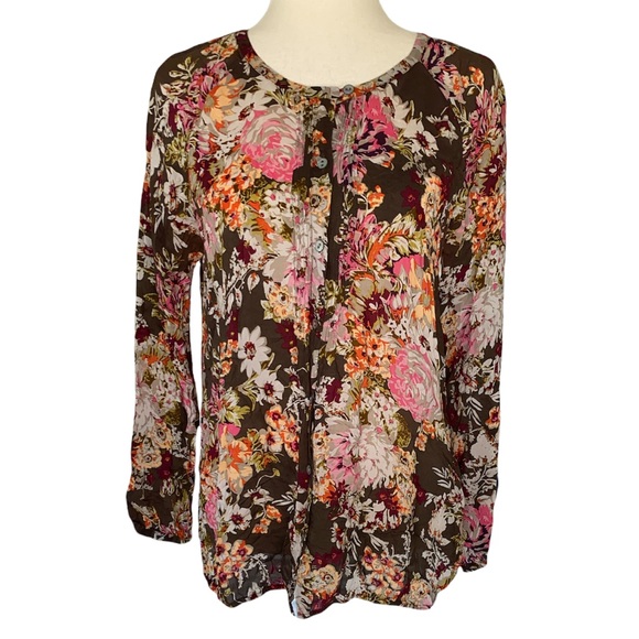 J. Jill Tops - J. Jill Brown Floral Pintuck Pleated Blouse - S